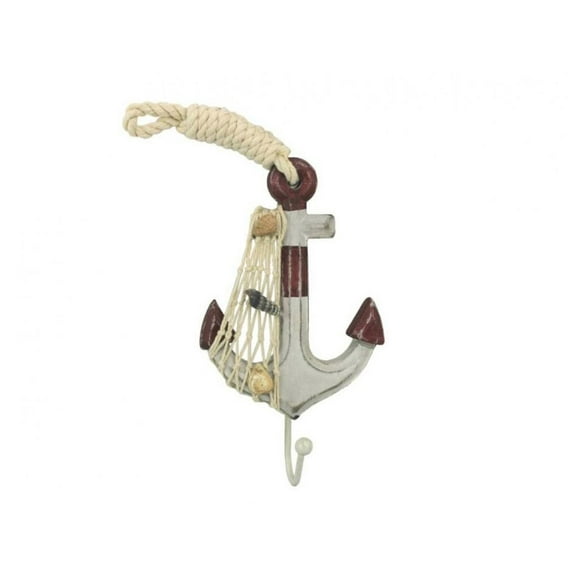 Handcrafted Model Ships Wooden Rustic Decorative Red and White Anchor with Hook 7" - Nautical Decoratio