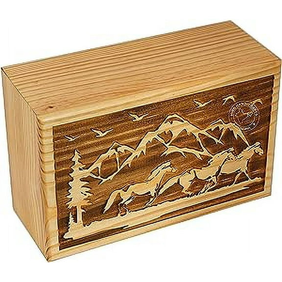 Handcrafted Mountain Wooden Cremation Urns for Human Ashes Adult Large - Tree of Life Funeral Urn Box - Burial Urns for Columbarium (250 LB - PineWood, Riding Horse)
