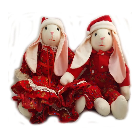 Handcrafted Mr. and Mrs. Christmas Bunny Rabbit Dolls in Matching Festive Holiday Outfits