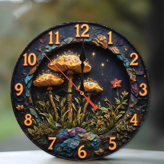 Handcrafted Mushroom Clock Fantasy Forest Wall Decor 10-Inch Silent Wooden Wall Clock, Battery Operated (AA Batteries Not Included), Artistic Home Decor
