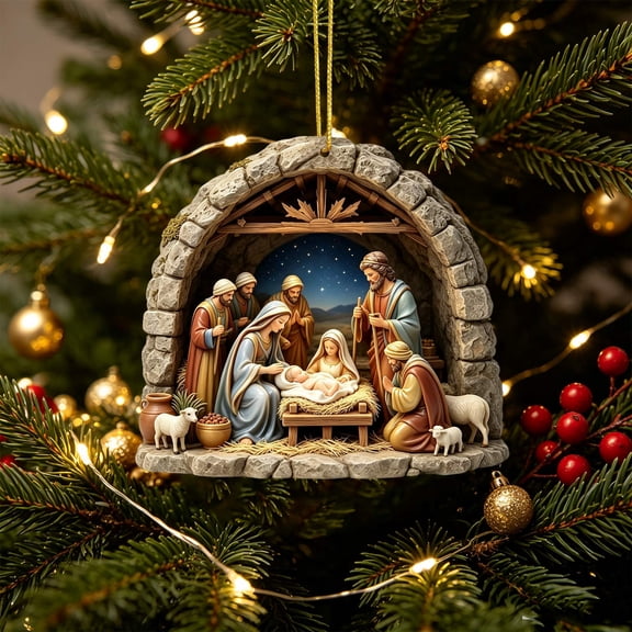 Handcrafted Nativity Scene Ornament, 4 Inch Resin Stone Arch with Braided Hanging Cord, Christmas Tree Mantel and Window Shelf, Shepherds And Star