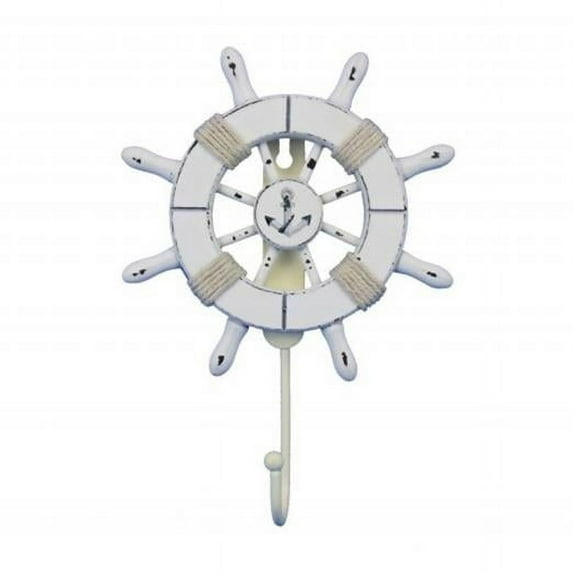 Handcrafted Nautical Decor Rustic All White Decorative Ship Wheel with Anchor with Hook 6" - Wooden Ships