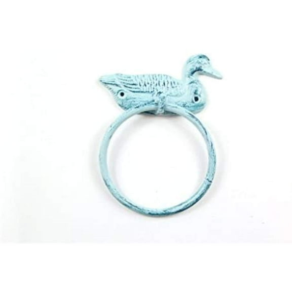 Handcrafted Nautical Decor Rustic Dark Blue Whitewashed Cast Iron Mallard Duck Towel Holder 6.5" - Cast Ir