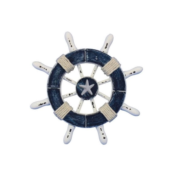 Handcrafted Nautical Decor Rustic Dark Blue and White Decorative Ship Wheel with Starfish 6" - Boat Steeri