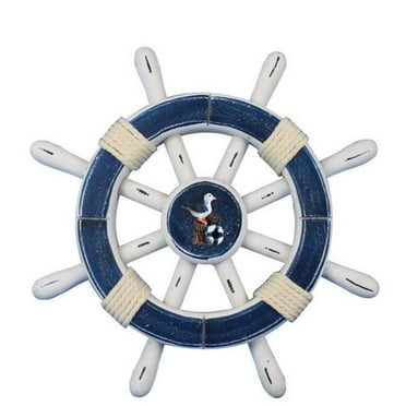 Rustic Dark Blue And White Decorative Ship Wheel With Seagull 12"- Beach Decorating Ideas- Wooden Home Signs