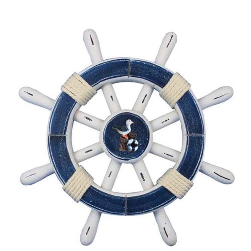 Rustic Dark Blue And White Decorative Ship Wheel With Seagull 12"- Beach Decorating Ideas- Wooden Home Signs