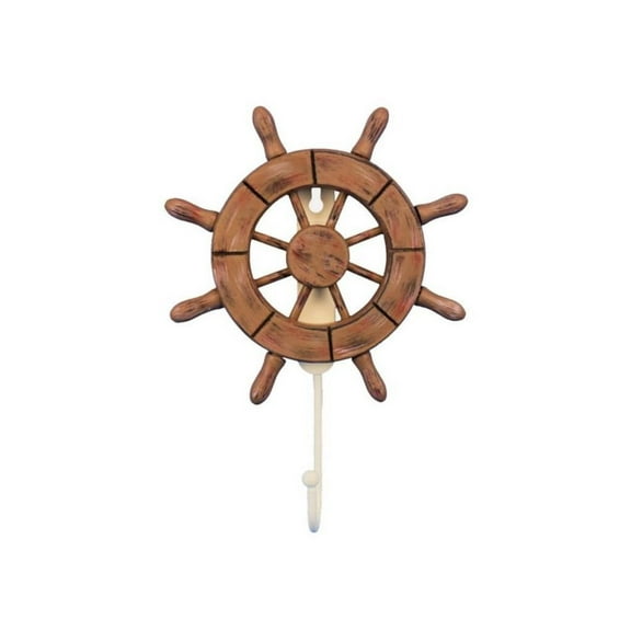 Handcrafted Nautical Decor Rustic Wood Finish Decorative Ship Wheel with Hook 6" - Wooden Ships Wheel - Bo