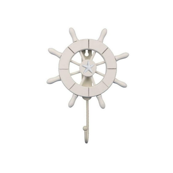 Handcrafted Nautical Decor White Decorative Ship Wheel with Starfish with Hook 6" - Wooden Ships Wheel - B