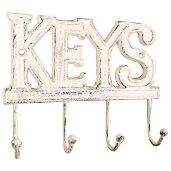 Handcrafted Nautical Decor Whitewashed Cast Iron Keys Hooks 8" - Decorative Wall Hooks - Cast Iron Home