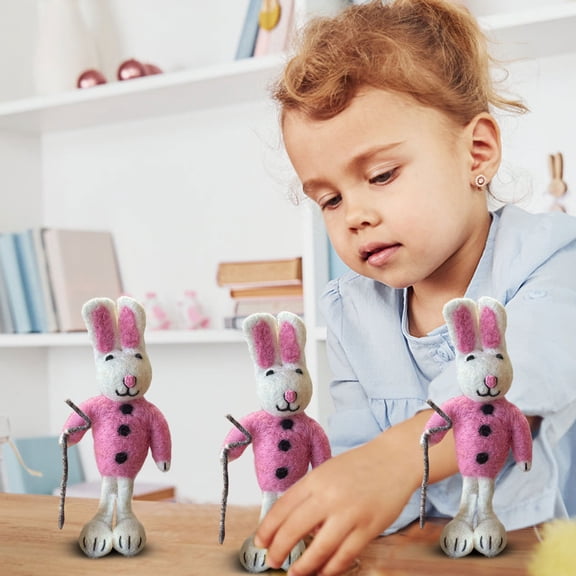 Handcrafted Needle Felted Rabbit Ornament with Pink Buttoned Jacket and Cane,Decorative Wool Bunny Figurine for Spring Holiday Displays and Gift Giving - Pink