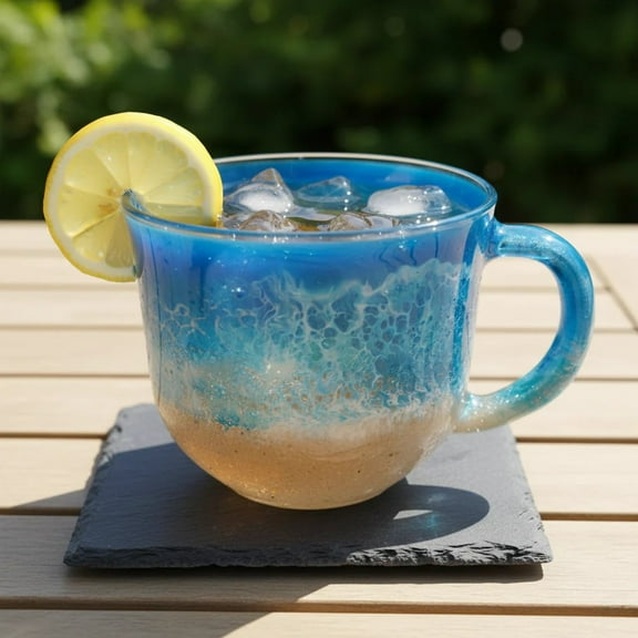 Handcrafted Ocean Wave Glass Mug - Coastal Beach Themed Coffee Cup, Unique Resin Art Drinkware for Iced Coffee/Tea, Stylish Home/Patio/Outdoor Mug, Gift for Beach Lovers 16 Oz
