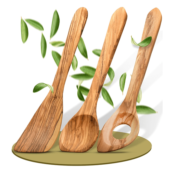 Handcrafted Olive Wood Cooking Spoon & Spatula, Practical Wooden Utensils Last for So Long,Wooden Cooking Spoons,3 * Kiriko,As Shown