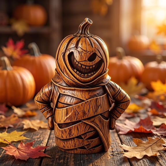 Handcrafted Openwork Wooden Mummy Pumpkin Tabletop Ornament, Distressed Rustic Vintage Halloween Spooky Decor Figurine, Farmhouse Fall Decor for Shelf Desk Coffee Table Home Holiday Decoration, A