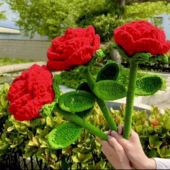 Handcrafted Oversized Yarn Rose Stems with Red Chunky Yarn, Beginner Crochet Yarn, Green Leaves for decoration, Gentle Textured Blooms for 1 Year Anniversary Gifts for Girlfriend,