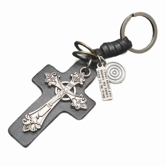 Handcrafted PU Leather Crucifix Christian Keychain Religious Key Ring Pendant for Men Punk Style Zinc Alloy Key Holder