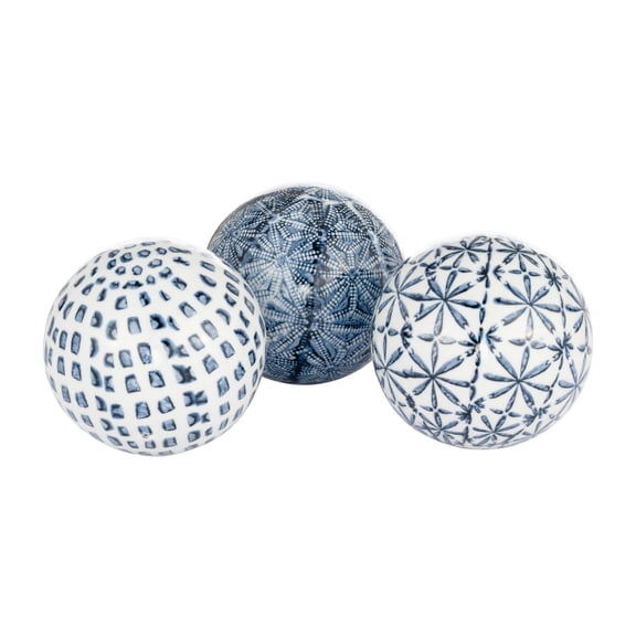 Handcrafted Painted Ceramic Orbs for Home Decor - Spherical Sculpture for Bathroom Counter, Office, and Living Room Centerpiece - Ornament for Coffee Table Display - Set of 3, 4", Blue & White