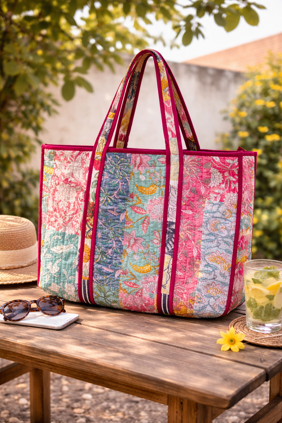 Handcrafted Patchwork Cotton Tote Bag for Women, Reusable Shopping Handbag, Colorful Floral Design, Everyday Carry Bag