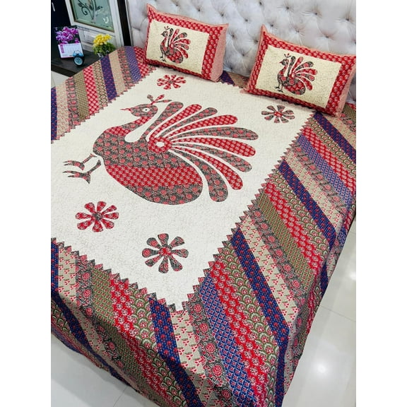Handcrafted Peacock Design Cotton Bedspread Set – 100x108 Inches King Size with 2 Matching Pillow Covers, Multicolor Print(Red)