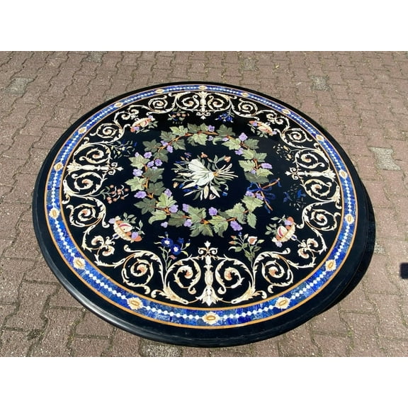 Handcrafted Pietra Dura Dining Room Table - Unique 4-Seater Round Mosaic River Table-60 Inch