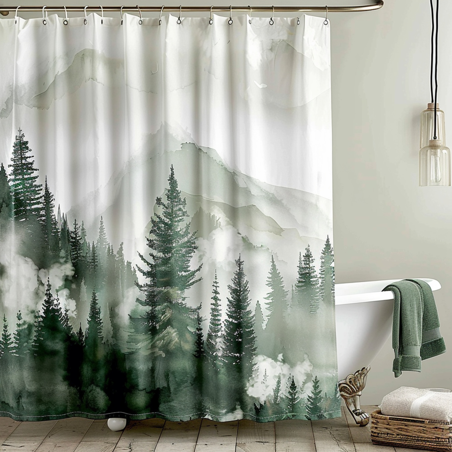 Handcrafted Pine Tree Shower Curtain Set Rustic Cabincore Bathroom