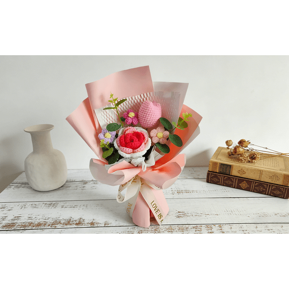 Handcrafted Pink Bouquet, Handmade Flower Arrangement with Roses and Tulips, Great for Birthdays and Graduations, Long-Lasting Artificial Silk Flowers in Elegant Gift Bag