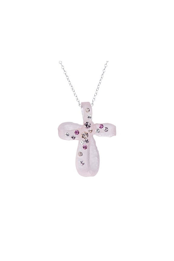 Handcrafted Pink Lucite Cross with Colorful Crystals on a Silver Chain