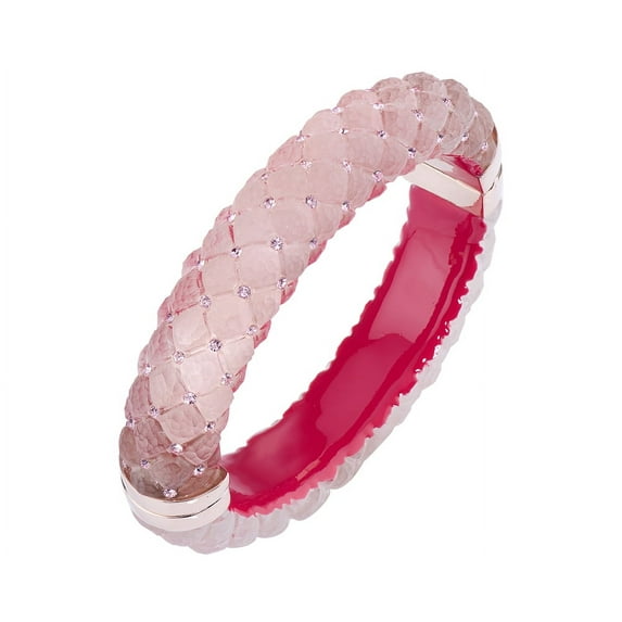 Handcrafted Pink Lucite Hinged Bangle with Quilted Patten Crystals