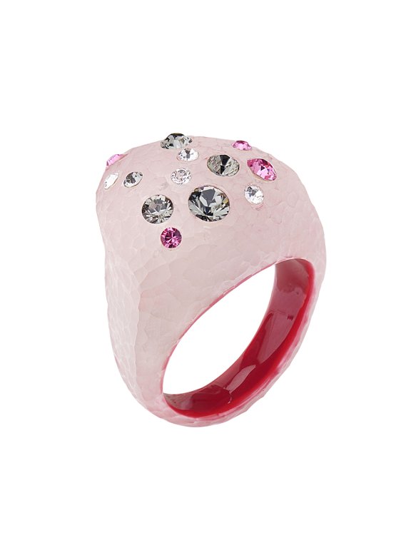 Handcrafted Pink Lucite Size 7 Heart Ring with Colorful Confetti Crystals