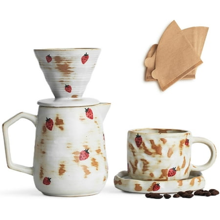 Handcrafted Pour Over Coffee Maker Set with Coffee Cup with Strawberry Pattern 20 Count Paper Filter V60 Drip Coffee Maker 20 oz Coffee Dripper (Strawberry)