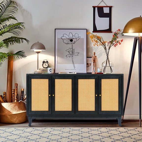 Handcrafted Premium Grain Panels - Rattan Sideboard Buffet Cabinet with 4 Rattan Doors, Modern Accent Storage Cupboard Console Table for Living Room, Black