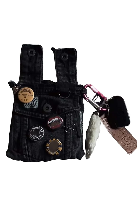 Handcrafted Punk Denim Waist Bag, Hand-Modified Punk Design Crossbody Bag, Unisex Goth Grunge Accessory Pouch (Black)