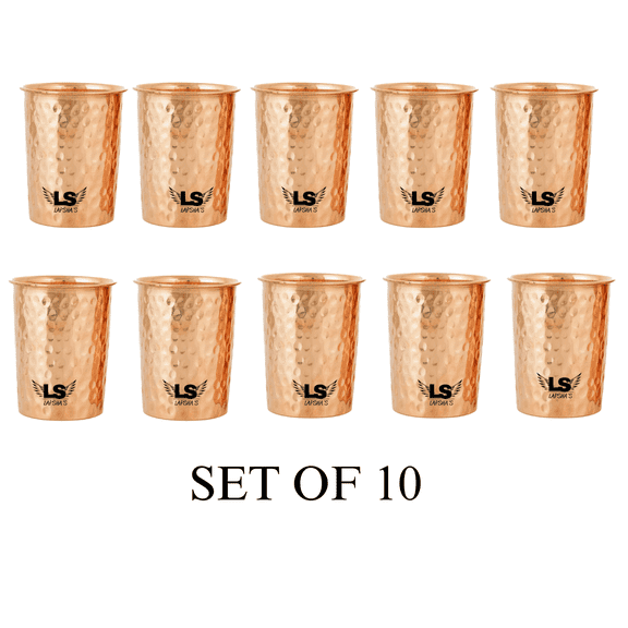 Handcrafted Pure Copper Hammered Tumbler Size-300 ML | Ayurvedic Drinking Cup for Water | Leak-Proof, Food-Grade Copper Glass | Traditional Indian Design set of 10