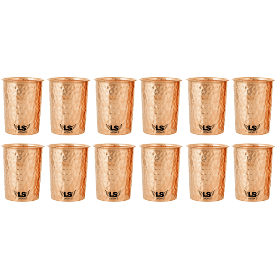 Handcrafted Pure Copper Hammered Tumbler Size-300 ML | Ayurvedic Drinking Cup for Water | Leak-Proof, Food-Grade Copper Glass | Traditional Indian Design set of 12