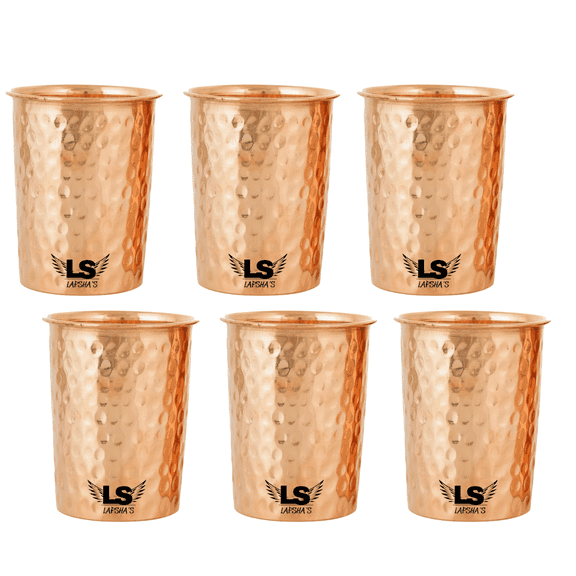 Handcrafted Pure Copper Hammered Tumbler Size-300 ML | Ayurvedic Drinking Cup for Water | Leak-Proof, Food-Grade Copper Glass | Traditional Indian Design set of 6