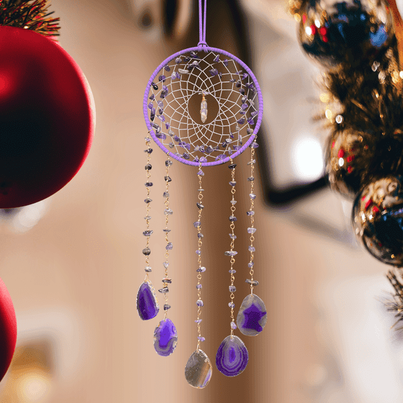 Handcrafted Purple Agate Dreamcatcher, Woven Wall Hanging Decor for Home Garden, Bohemian Wind Chime Gift Choice