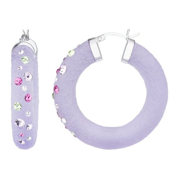 Handcrafted Purple Lucite 42mm Click Top Hoop Earrings with Colorful Confetti Crystals