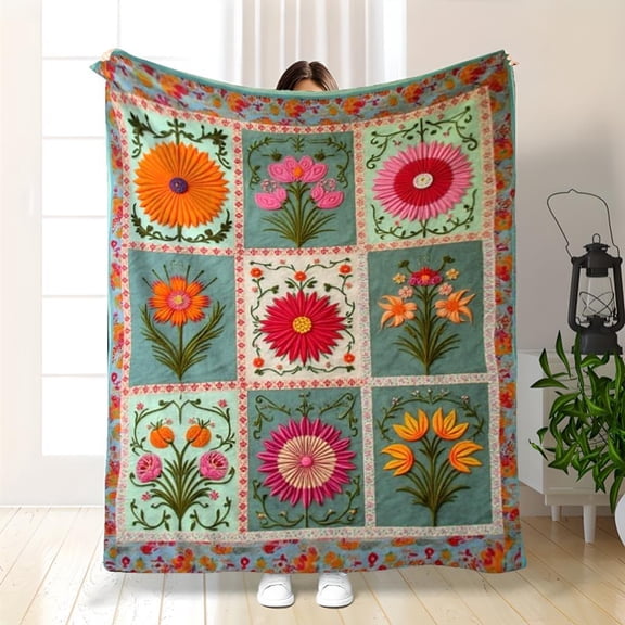 Handcrafted Quilted Throw Blanket: Vibrant Floral Panels on Teal, Soft Plush, Machine Washable for Bed, Sofa, Camping
