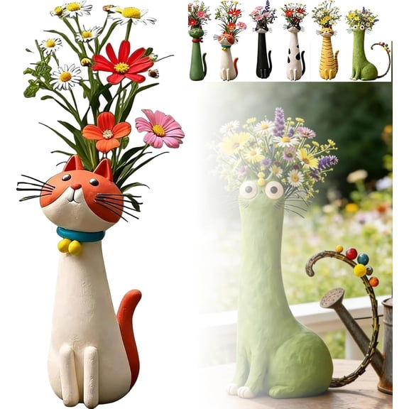 Handcrafted Quirky Cat Vase, Whimsical Animal Themed Shaped Ceramic Flower Ornaments, Cute Whisker Planter for Small Bouquets, Shelf Decor Decorative Cat Vase (D)