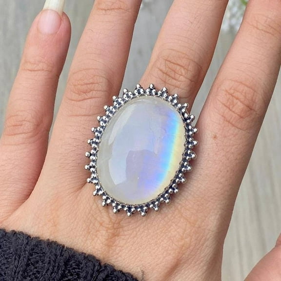 Handcrafted Rainbow Moonstone Statement Ring. made In 925 Sterling Silver. Boho Ring, White Stone Ring, Boho Jewelry, Gift For Her,.....