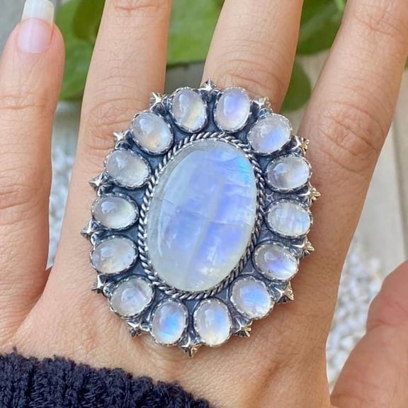 Handcrafted Rainbow Moonstone Statement Ring. made In 925 Sterling Silver. Boho Ring, White Stone Ring, Boho Jewelry, Gift For Her,.....