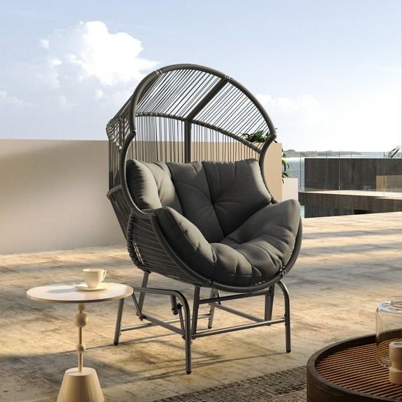Handcrafted Rattan Outdoor Rocking Chairs with Cushioned Seats, Dark Gray