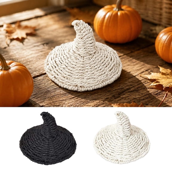 Handcrafted Rattan Witch Hat, Ming Teng Weaving Art Ornament, Bohemian Halloween Tabletop Decor, Rustic Chic Holiday Accent for Shelf, Mantel, Tiered Tray, Party Decoration, Home Display, White