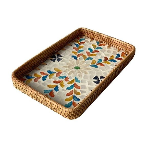 Handcrafted Rattan Woven Tray - Seashell Pattern Storage Tray for Living Room Coffee Table - 21x31x3cm Decorative Serving Tray for Picnic, Dim Sum, Dried Fruit, Restaurant Use