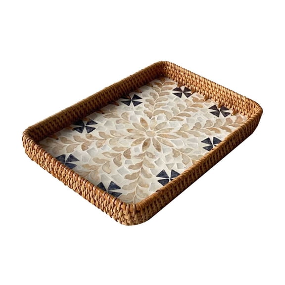 Handcrafted Rattan Woven Tray - Seashell Pattern Storage Tray for Living Room Coffee Table - 21x31x3cm Decorative Serving Tray for Picnic, Dim Sum, Dried Fruit, Restaurant Use