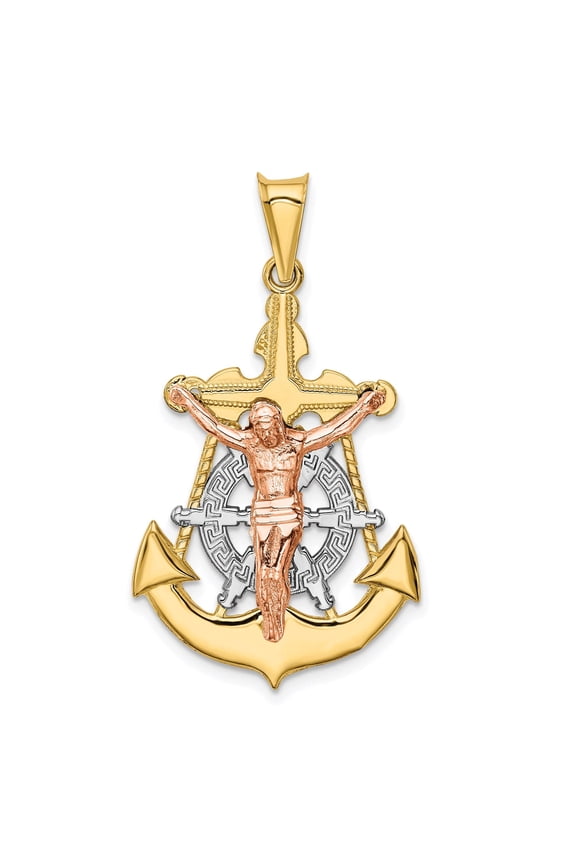 Handcrafted Real Gold Crucifix Cross Pendant for Men and Women with Anchor and Ship Wheel Three Tone Nautical Christian Jewelry with Rhodium Detail in Spiritual Faith Design