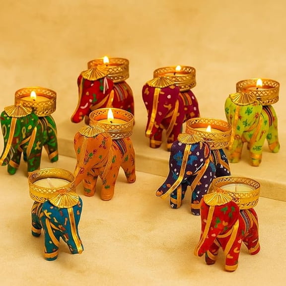 Handcrafted Recycled Material Elephant Tealight Candle Holder Set of 6 Handmade Elephant Candle Stand Diwali Decorations (Multicolor, 8 X 5 X 10 cm) - Decoration Item for Home Decor