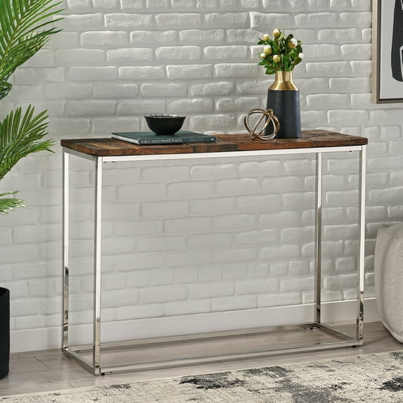 Handcrafted Recycled Wood Console Table With Stainless Steel Finish A Frame For And Attractive Design
