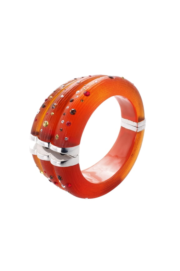 Handcrafted Red Blood Orange Lucite Statement Bangle with Colorful Confetti Crystals