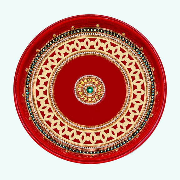 Handcrafted Red Pooja Thali Plate Platter Engagement Plate Decorative Steel Puja Thali with Essential Pooja Articles for Aarti Pooja Rituals Festival Wedding Decorations & Gifting ( Size- 10")