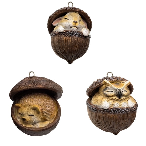 Handcrafted Resin Forest Animal Ornaments, Sleeping Fox Squirrel Owl Bunny Hedgehog in Acorn, Christmas Tree Decorations, Rustic Woodland Theme Holiday Home Decor, Cute Animal Lover Gift
